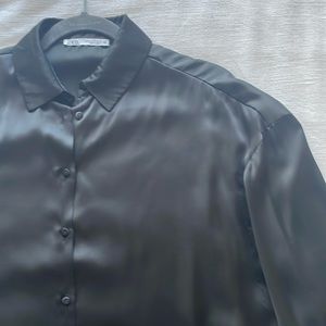 Oversized Zara black silk button down top